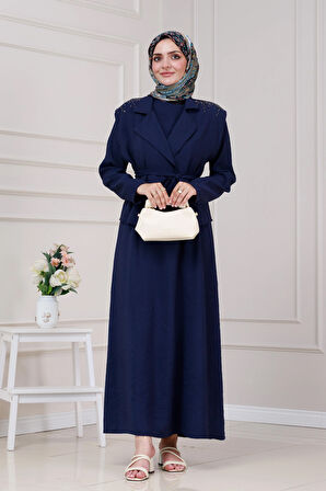 Yeleği Taş Detaylı Tensel Elbise-Lacivert