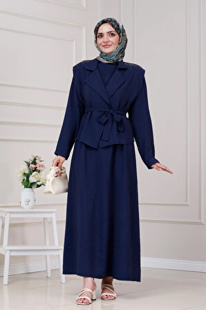 Yeleği Taş Detaylı Tensel Elbise-Lacivert