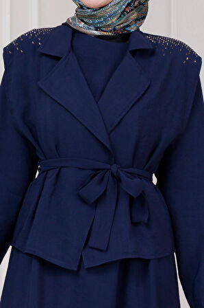 Yeleği Taş Detaylı Tensel Elbise-Lacivert