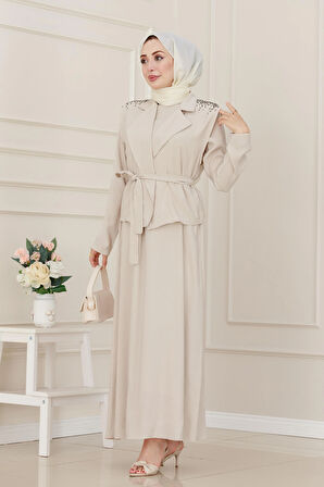 Yeleği Taş Detaylı Tensel Elbise-Bej