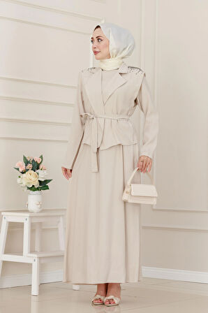 Yeleği Taş Detaylı Tensel Elbise-Bej