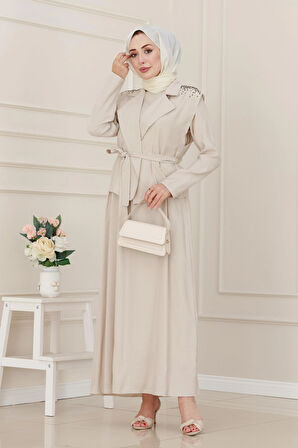 Yeleği Taş Detaylı Tensel Elbise-Bej