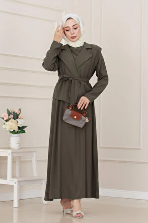 Yeleği Taş Detaylı Tensel Elbise-Haki