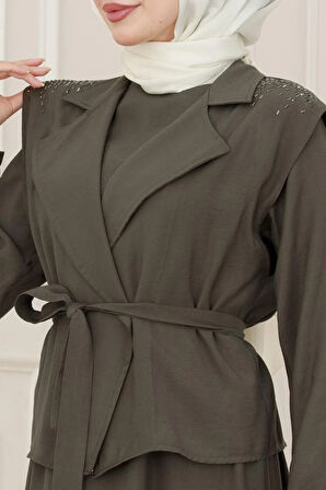 Yeleği Taş Detaylı Tensel Elbise-Haki