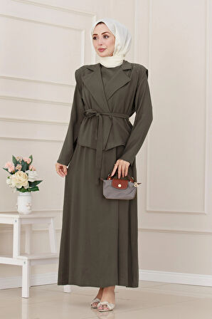 Yeleği Taş Detaylı Tensel Elbise-Haki