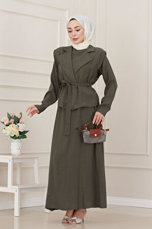 Yeleği Taş Detaylı Tensel Elbise-Haki