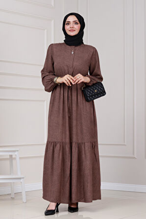 Beli Tünelli Nur Elbise-Kahverengi