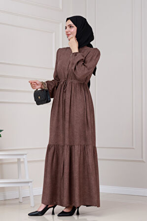 Beli Tünelli Nur Elbise-Kahverengi