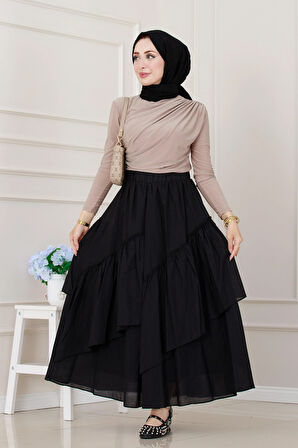 Katlı Botto Vual Etek-Siyah
