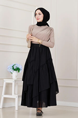 Katlı Botto Vual Etek-Siyah