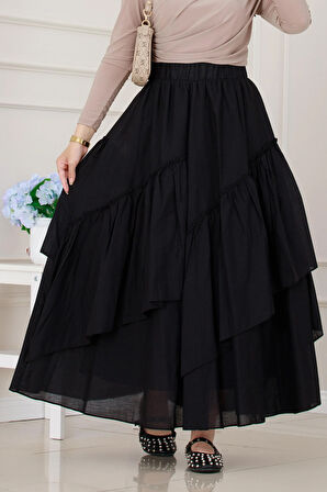 Katlı Botto Vual Etek-Siyah