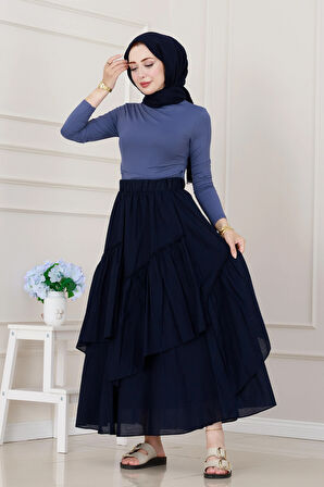Katlı Botto Vual Etek-Lacivert