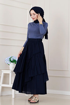 Katlı Botto Vual Etek-Lacivert