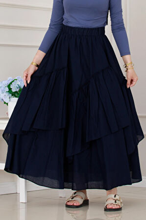 Katlı Botto Vual Etek-Lacivert