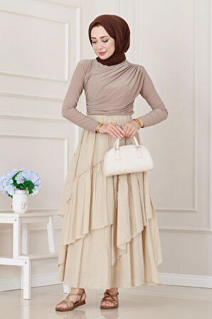 Katlı Botto Vual Etek-Bej