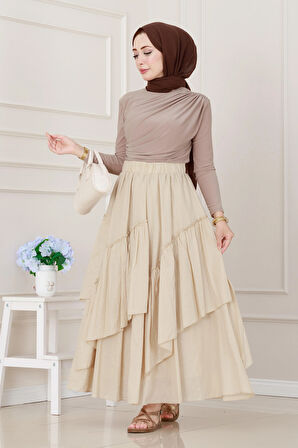 Katlı Botto Vual Etek-Bej