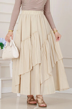 Katlı Botto Vual Etek-Bej