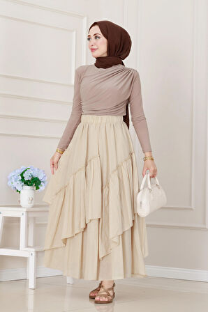 Katlı Botto Vual Etek-Bej