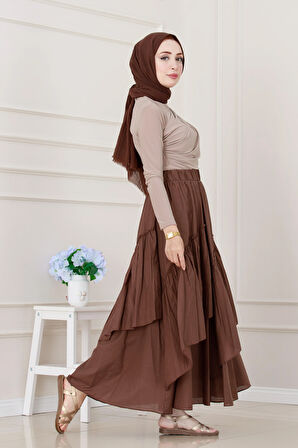 Katlı Botto Vual Etek-Kahverengi