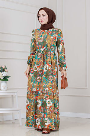 Beli Tünelli Çiçekli Viscon Elbise-Kahverengi