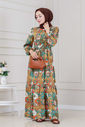 Beli Tünelli Çiçekli Viscon Elbise-Kahverengi