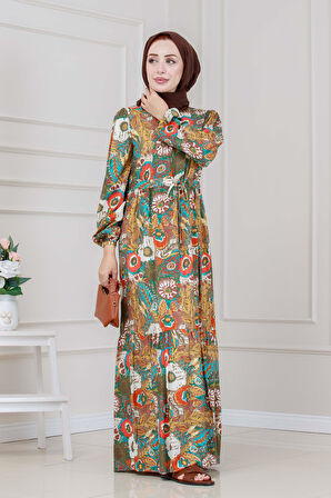 Beli Tünelli Çiçekli Viscon Elbise-Kahverengi