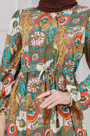 Beli Tünelli Çiçekli Viscon Elbise-Kahverengi