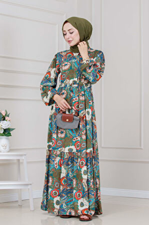 Beli Tünelli Çiçekli Viscon Elbise-Haki