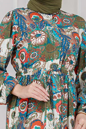 Beli Tünelli Çiçekli Viscon Elbise-Haki