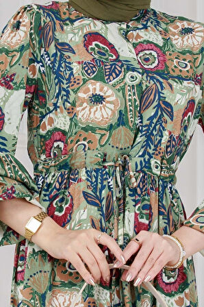 Beli Tünelli Çiçekli Viscon Elbise-Yeşil