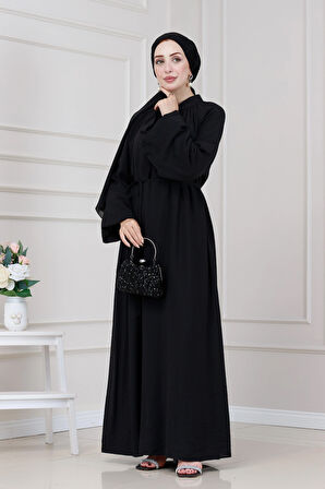 Yakası Bağcıklı Lara Elbise-Siyah