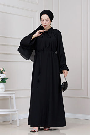 Yakası Bağcıklı Lara Elbise-Siyah