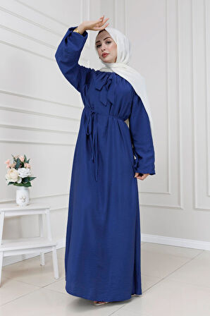 Yakası Bağcıklı Lara Elbise-Lacivert