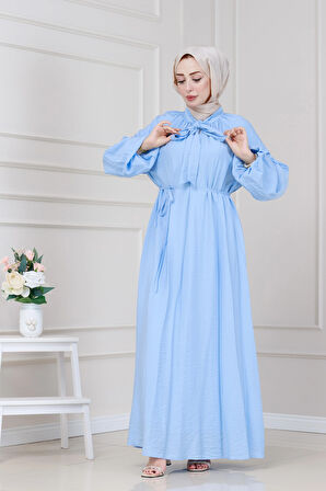 Yakası Bağcıklı Lara Elbise-Bebe mavi