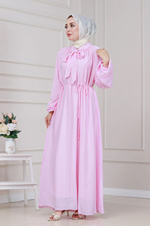 Yakası Bağcıklı Lara Elbise-Pembe