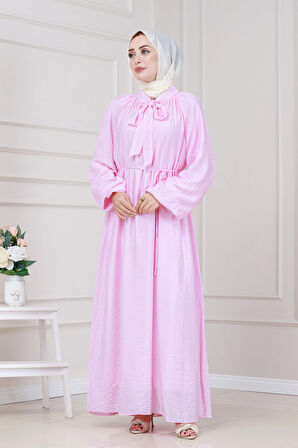 Yakası Bağcıklı Lara Elbise-Pembe