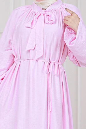 Yakası Bağcıklı Lara Elbise-Pembe