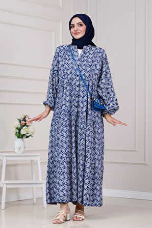 Geometrik Yarım Düğmeli Robalı Elbise-Lacivert