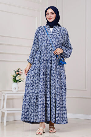 Geometrik Yarım Düğmeli Robalı Elbise-Lacivert