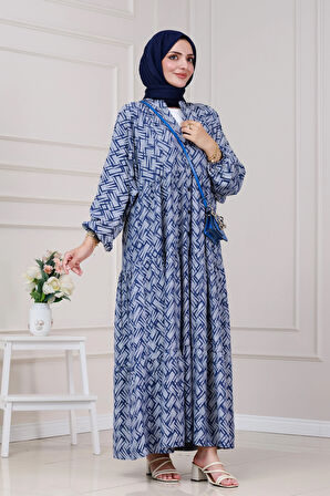 Geometrik Yarım Düğmeli Robalı Elbise-Lacivert