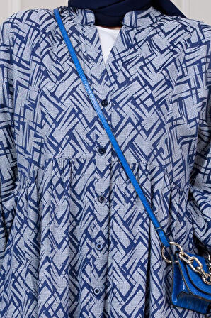 Geometrik Yarım Düğmeli Robalı Elbise-Lacivert