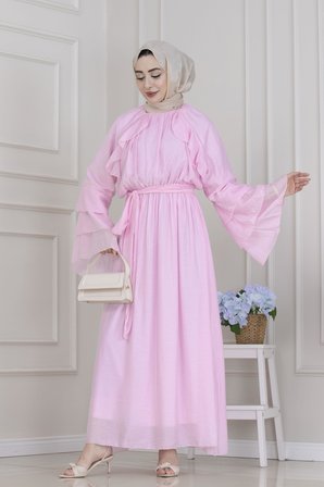 Fırfır Detaylı Lora Elbise-Pembe