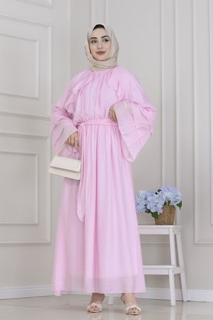 Fırfır Detaylı Lora Elbise-Pembe