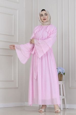 Fırfır Detaylı Lora Elbise-Pembe