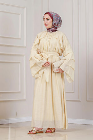 Fırfır Detaylı Lora Elbise-Krem