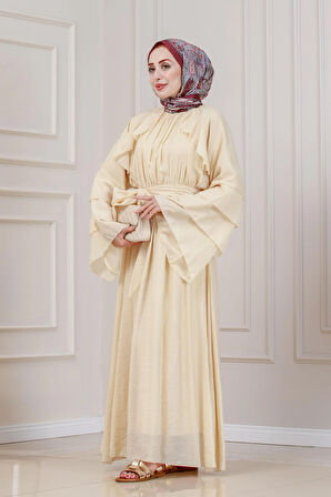 Fırfır Detaylı Lora Elbise-Krem