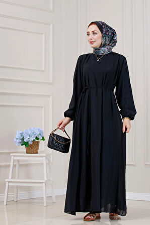 Beli Bağcıklı Pera Elbise-Siyah