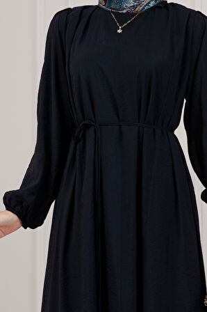 Beli Bağcıklı Pera Elbise-Siyah