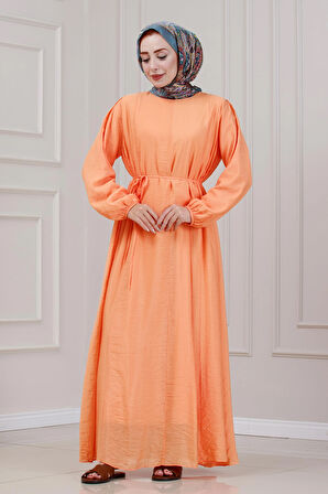 Beli Bağcıklı Pera Elbise-Turuncu