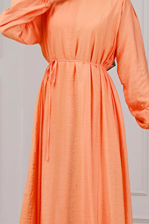 Beli Bağcıklı Pera Elbise-Turuncu